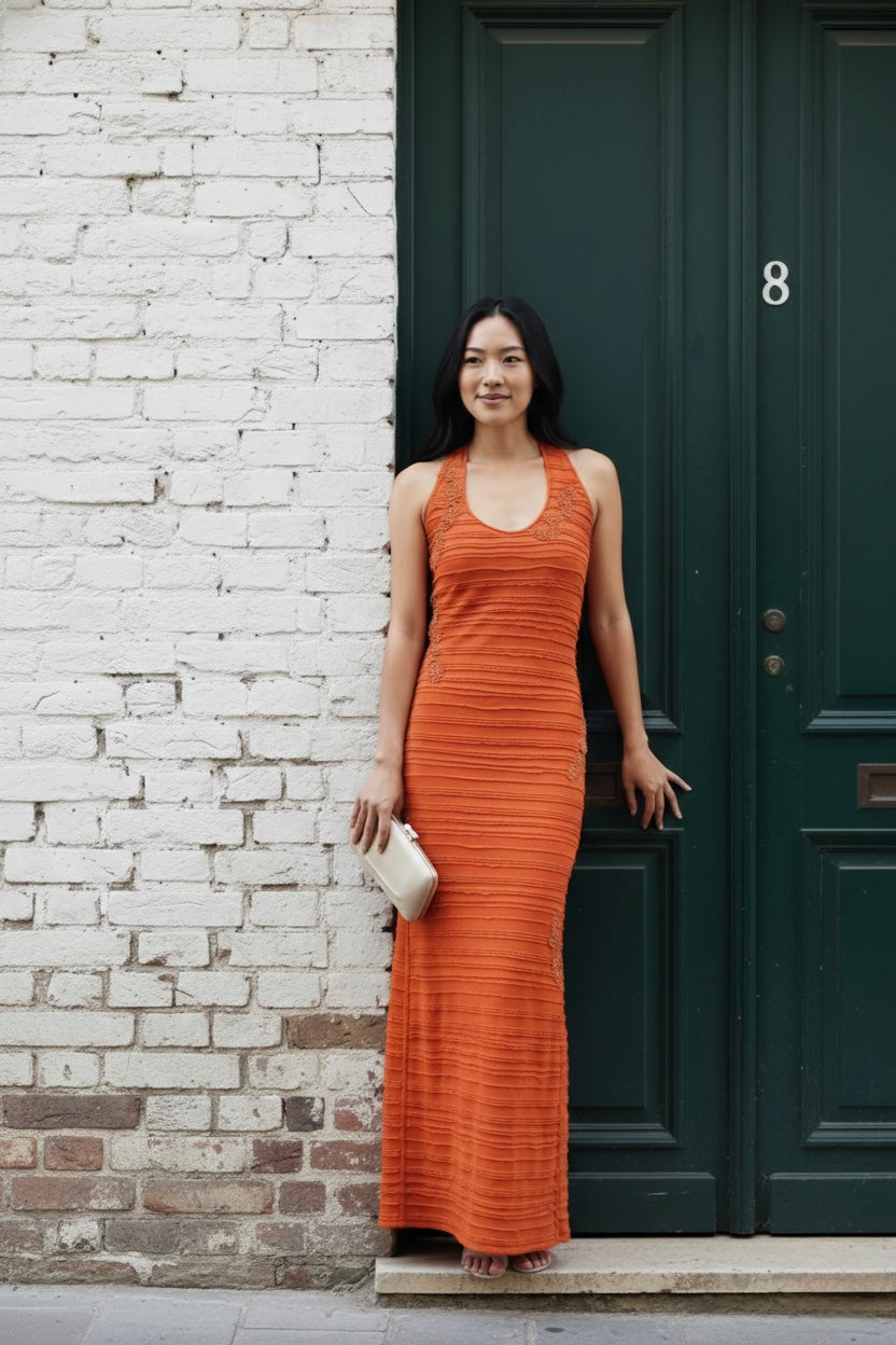 Orange Textured Halter Dress