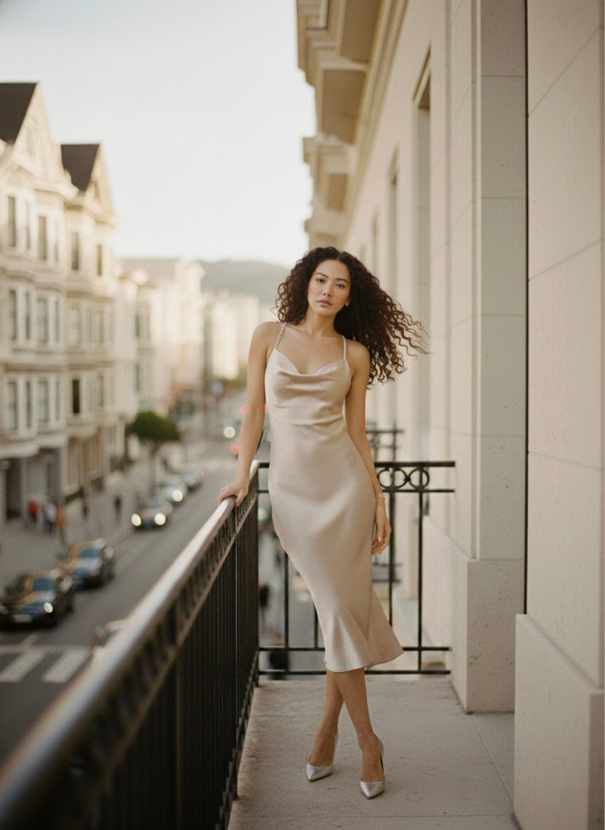 Champagne Bias Slip Dress with Pearled Straps